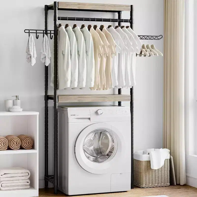 Acekool 30 Adjustable Laundry Organizer - 4-Tier Storage Shelf with Drying Hooks (Gray/Black)