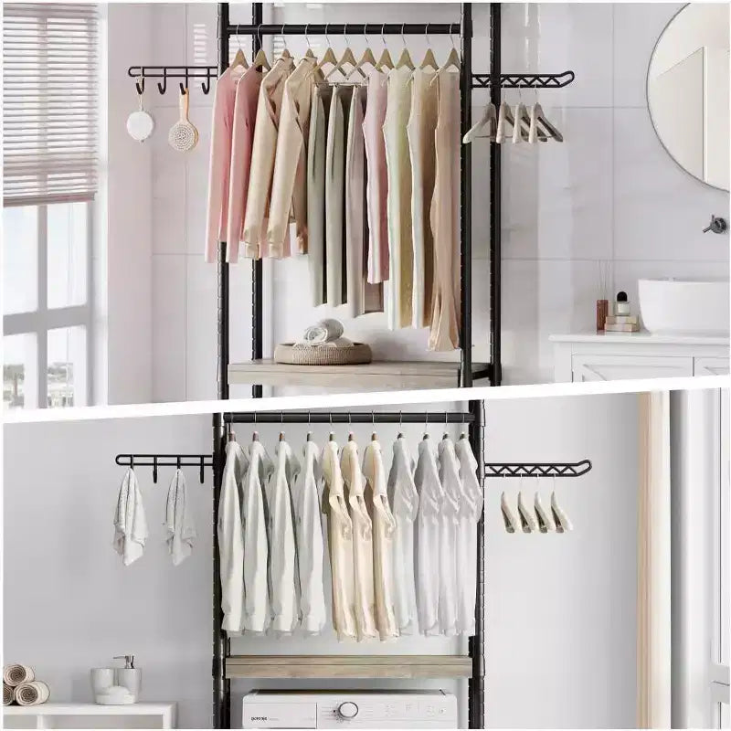 Scaffale Portaoggetti Sopra-Lavatrice con Ganci per Asciugatura, Organizer Regolabile a 4 Ripiani (Grigio/Nero)