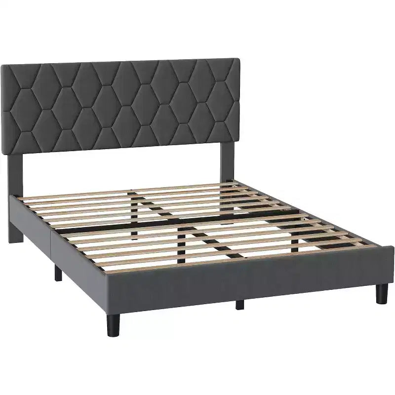 Letto imbottito con piattaforma - Queen Size con testiera e doghe in legno
