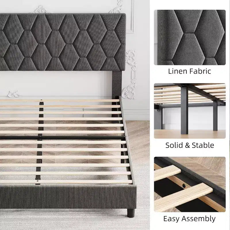 Letto imbottito con piattaforma - Queen Size con testiera e doghe in legno