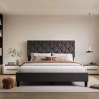 Letto imbottito con piattaforma - Queen Size con testiera e doghe in legno