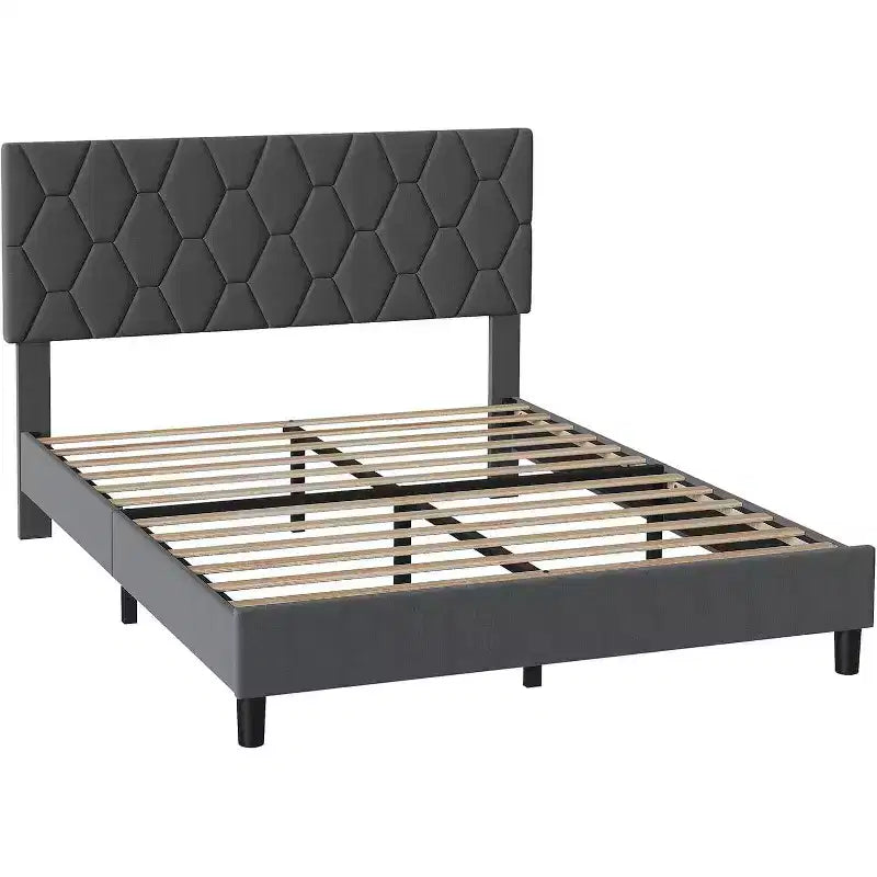 Letto imbottito con piattaforma - Queen Size con testiera e doghe in legno