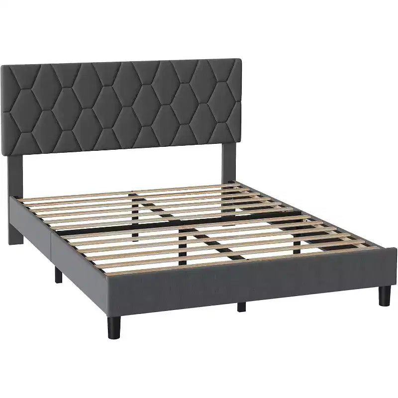Letto imbottito con piattaforma - Queen Size con testiera e doghe in legno