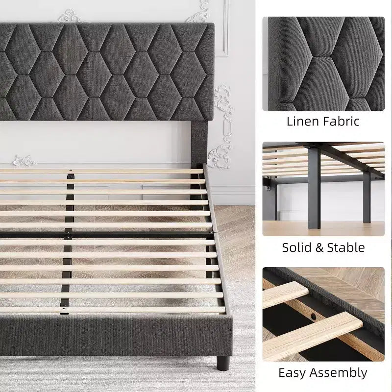 Letto imbottito con piattaforma - Queen Size con testiera e doghe in legno