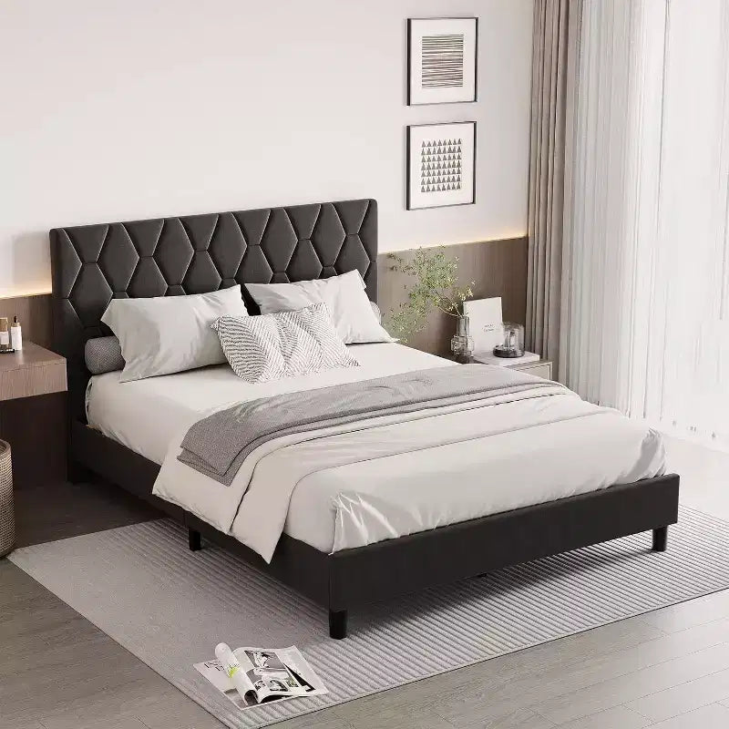 Letto imbottito con piattaforma - Queen Size con testiera e doghe in legno