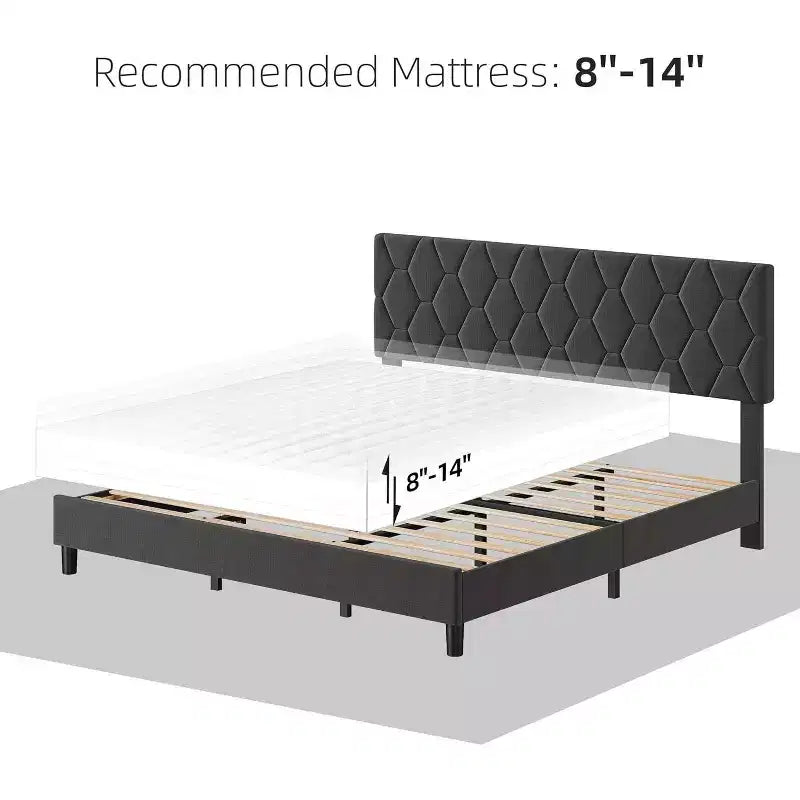Letto imbottito con piattaforma - Queen Size con testiera e doghe in legno
