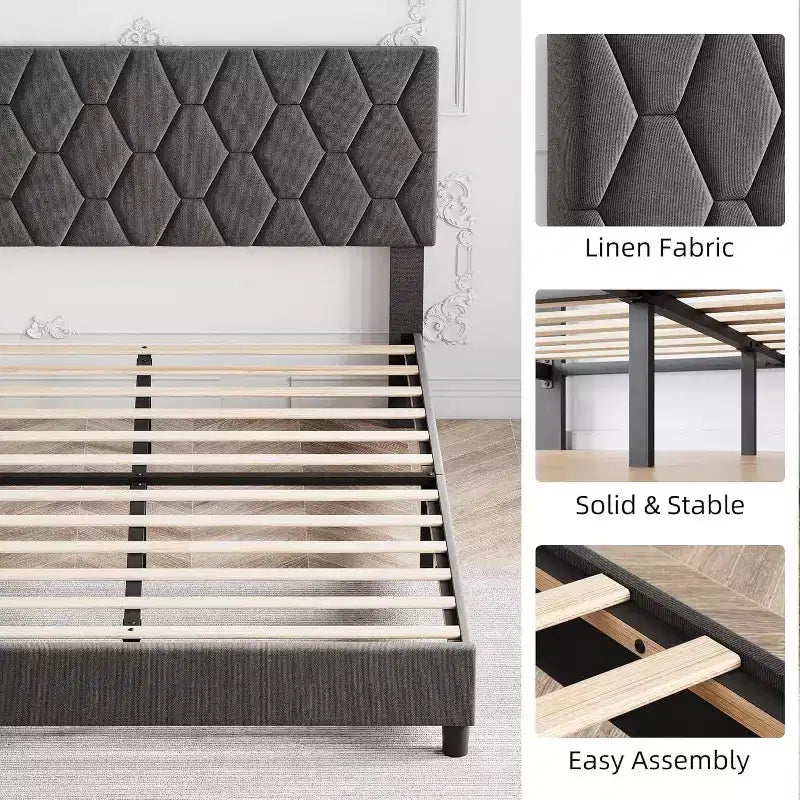 Letto imbottito con piattaforma - Queen Size con testiera e doghe in legno