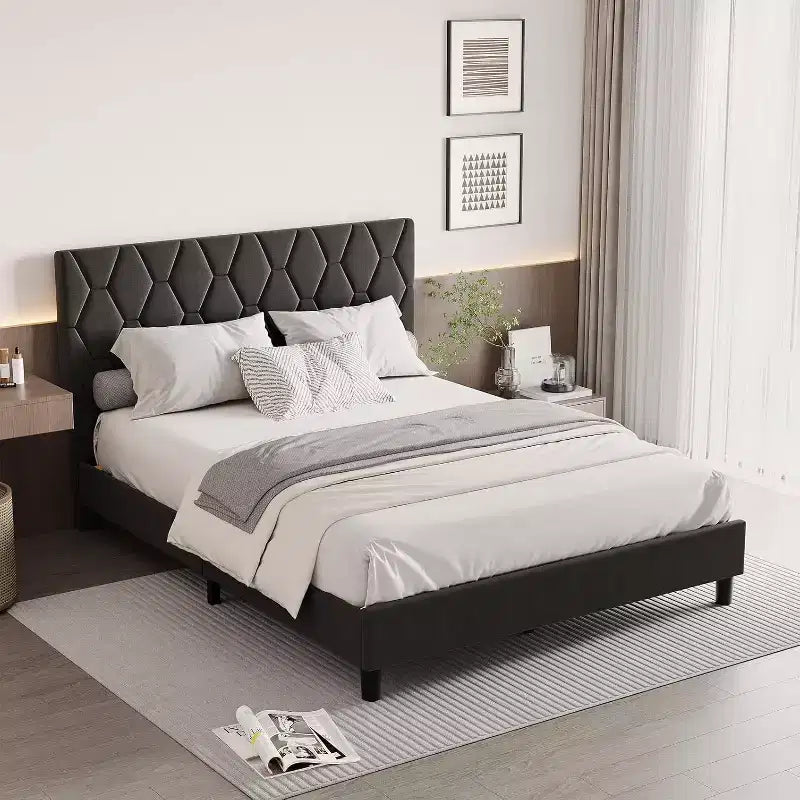 Letto imbottito con piattaforma - Queen Size con testiera e doghe in legno