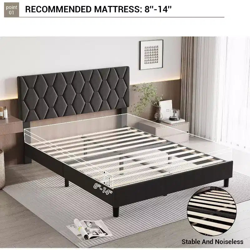 Letto imbottito con piattaforma - Queen Size con testiera e doghe in legno