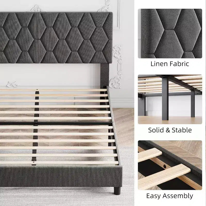 Letto imbottito con piattaforma - Queen Size con testiera e doghe in legno