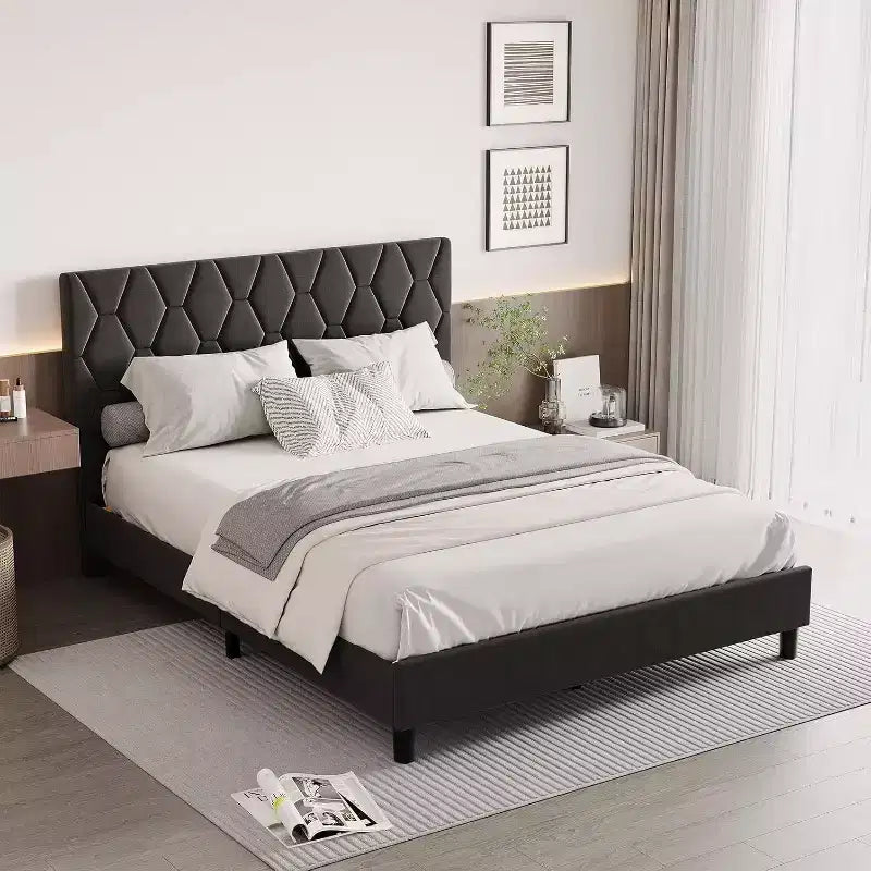 Letto imbottito con piattaforma - Queen Size con testiera e doghe in legno