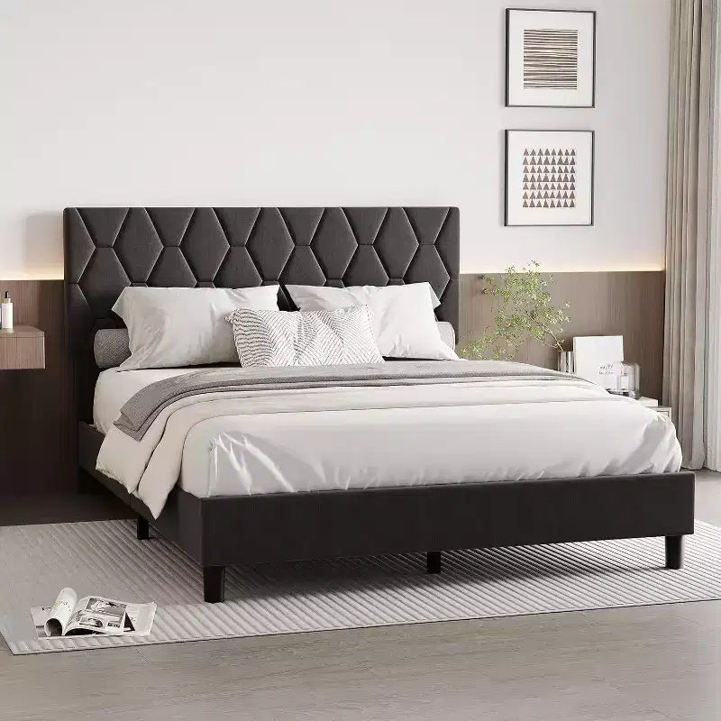Letto imbottito con piattaforma - Queen Size con testiera e doghe in legno