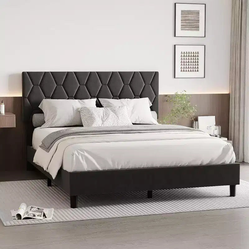 Letto imbottito con piattaforma - Queen Size con testiera e doghe in legno