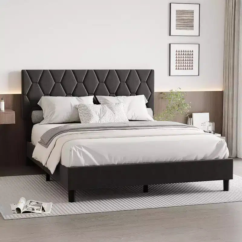Letto imbottito con piattaforma - Queen Size con testiera e doghe in legno