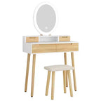 Set Scrivania Toeletta Effetto Legno con Specchio LED e Sgabello