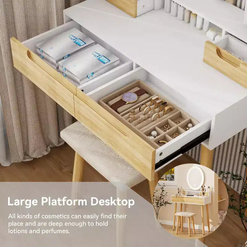 Set Scrivania Toeletta Effetto Legno con Specchio LED e Sgabello