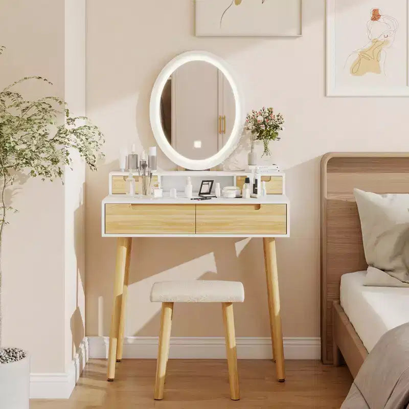 Set Scrivania Toeletta Effetto Legno con Specchio LED e Sgabello