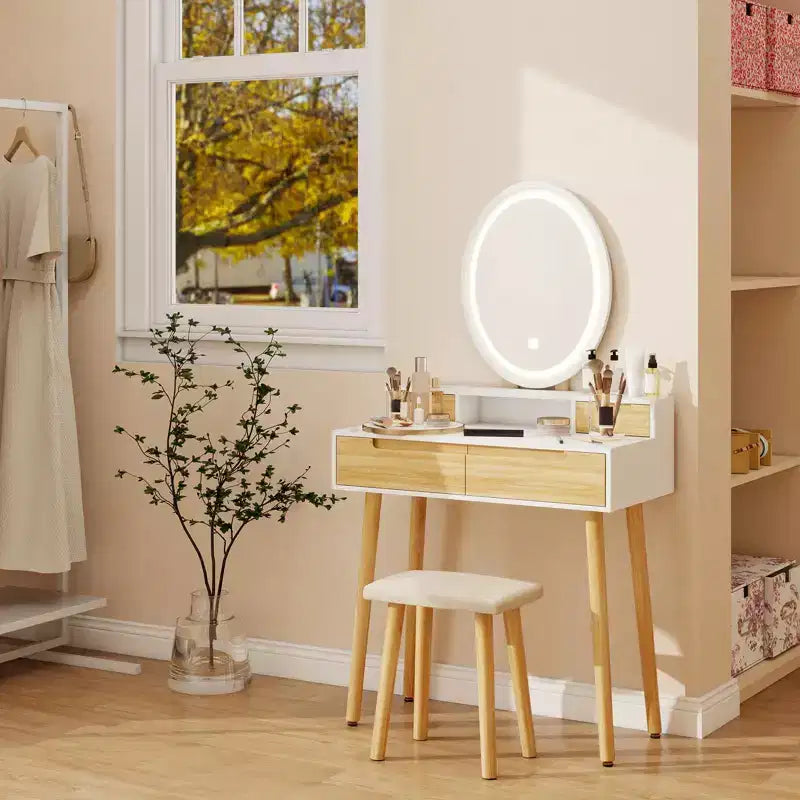 Set Scrivania Toeletta Effetto Legno con Specchio LED e Sgabello