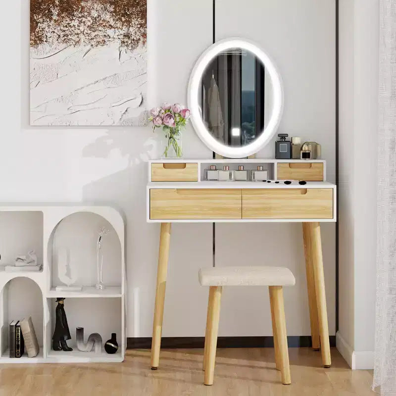 Set Scrivania Toeletta Effetto Legno con Specchio LED e Sgabello