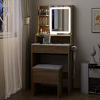 Set Scrivania Toeletta Effetto Legno con Specchio LED e Sgabello