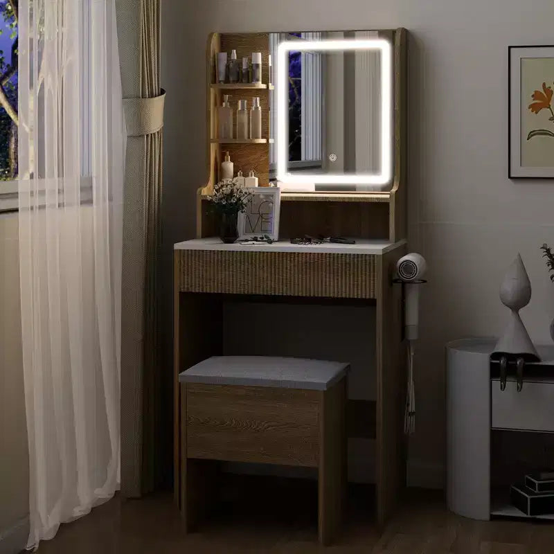 Set Scrivania Toeletta Effetto Legno con Specchio LED e Sgabello