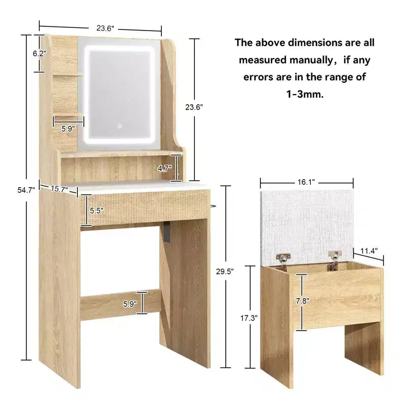 Set Scrivania Toeletta Effetto Legno con Specchio LED e Sgabello