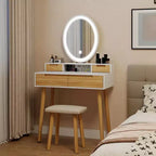 Set Scrivania Toeletta Effetto Legno con Specchio LED e Sgabello