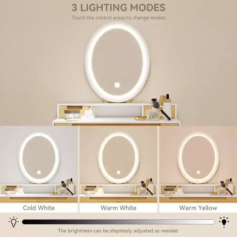Set Scrivania Toeletta Effetto Legno con Specchio LED e Sgabello