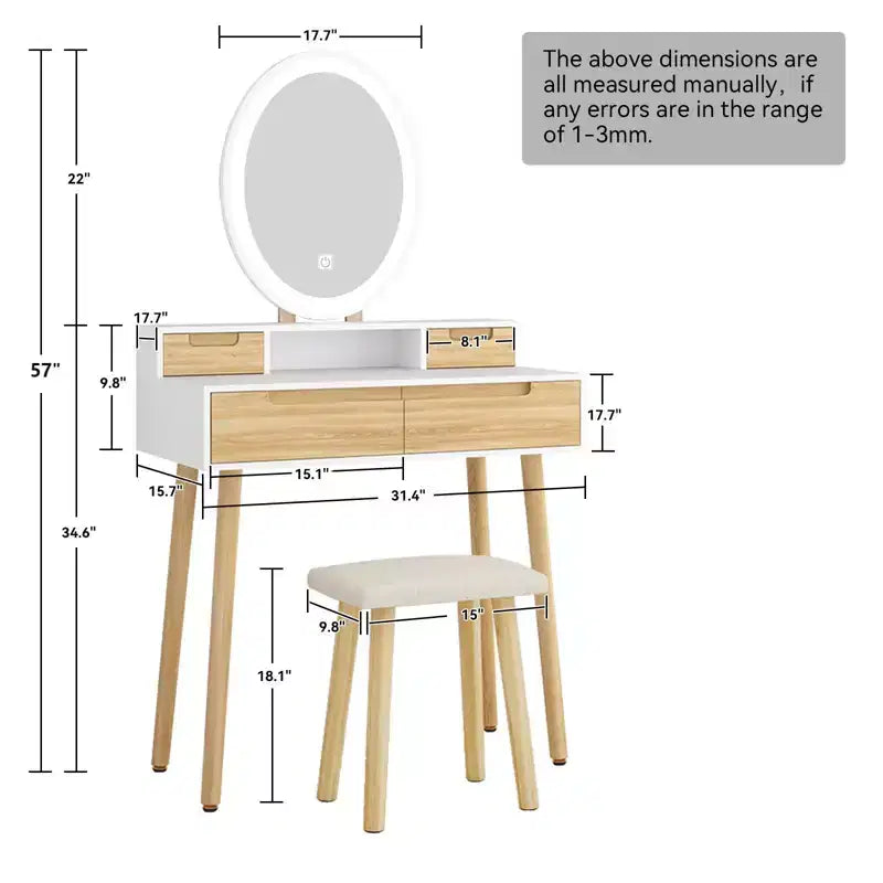 Set Scrivania Toeletta Effetto Legno con Specchio LED e Sgabello