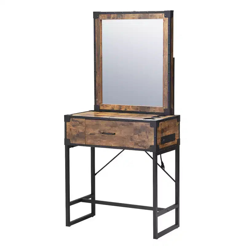Sandinrayli Wall Mount Salon Station with Mirror,Hair Stylist Barber Station with Charging Station and Appliance Holders Rustic Brown
