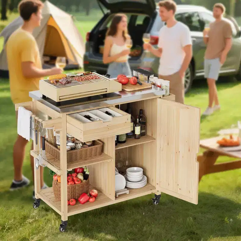 Carrello da esterno per barbecue e isola cucina su ruote con ripiano in acciaio inossidabile