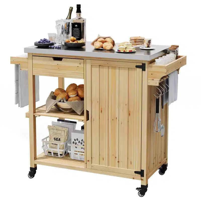 Carrello da esterno per barbecue e isola cucina su ruote con ripiano in acciaio inossidabile