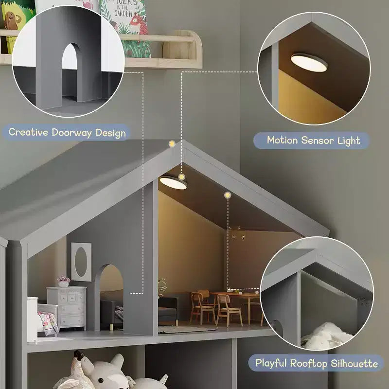 Libreria per bambini a 3 ripiani con luce a sensore di movimento