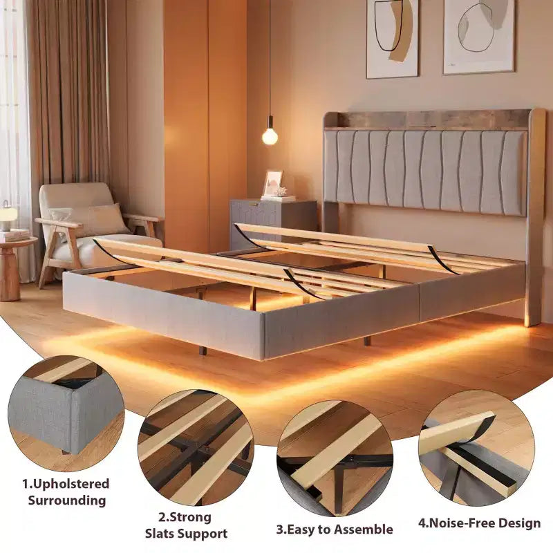 Letto a piattaforma imbottito con illuminazione a LED e stazione di ricarica USB
