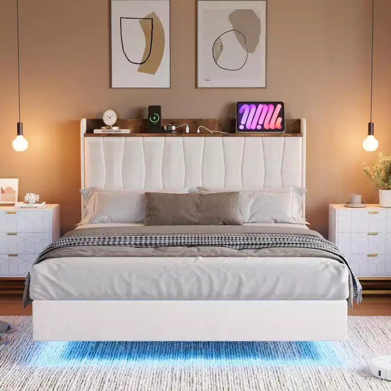 Letto a piattaforma imbottito con illuminazione a LED e stazione di ricarica USB