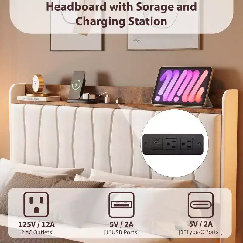Letto a piattaforma imbottito con illuminazione a LED e stazione di ricarica USB