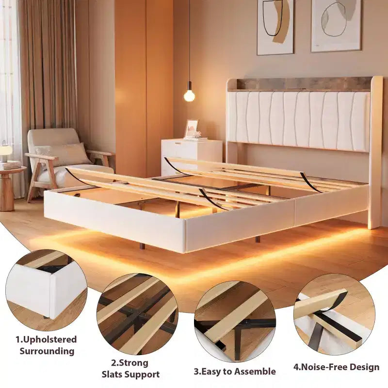 Letto a piattaforma imbottito con illuminazione a LED e stazione di ricarica USB