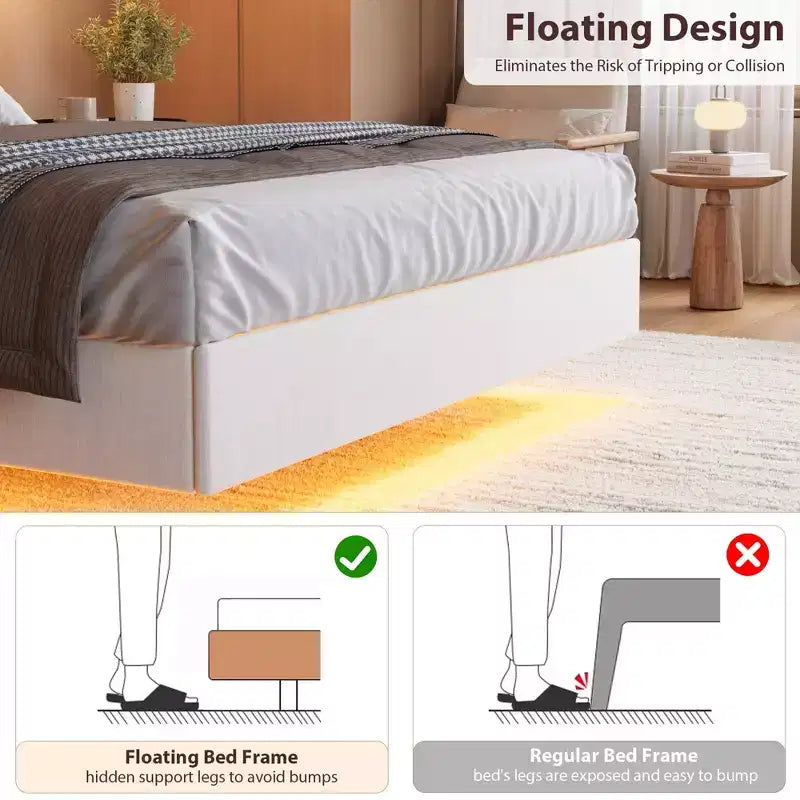 Letto a piattaforma imbottito con illuminazione a LED e stazione di ricarica USB