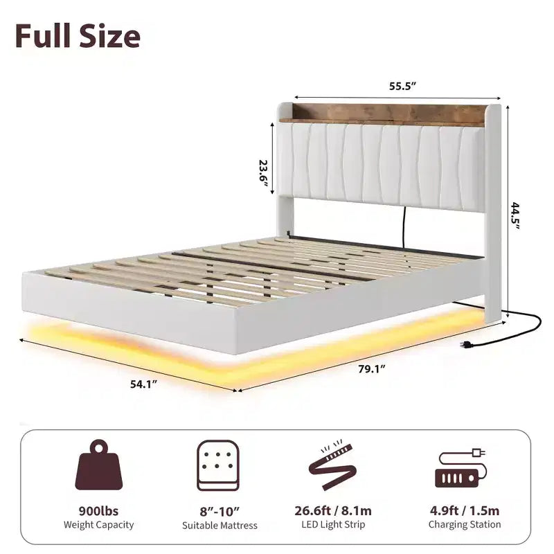 Letto a piattaforma imbottito con illuminazione a LED e stazione di ricarica USB