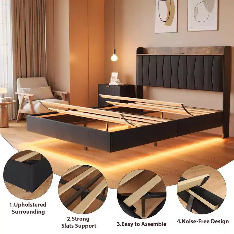 Letto a piattaforma imbottito con illuminazione a LED e stazione di ricarica USB