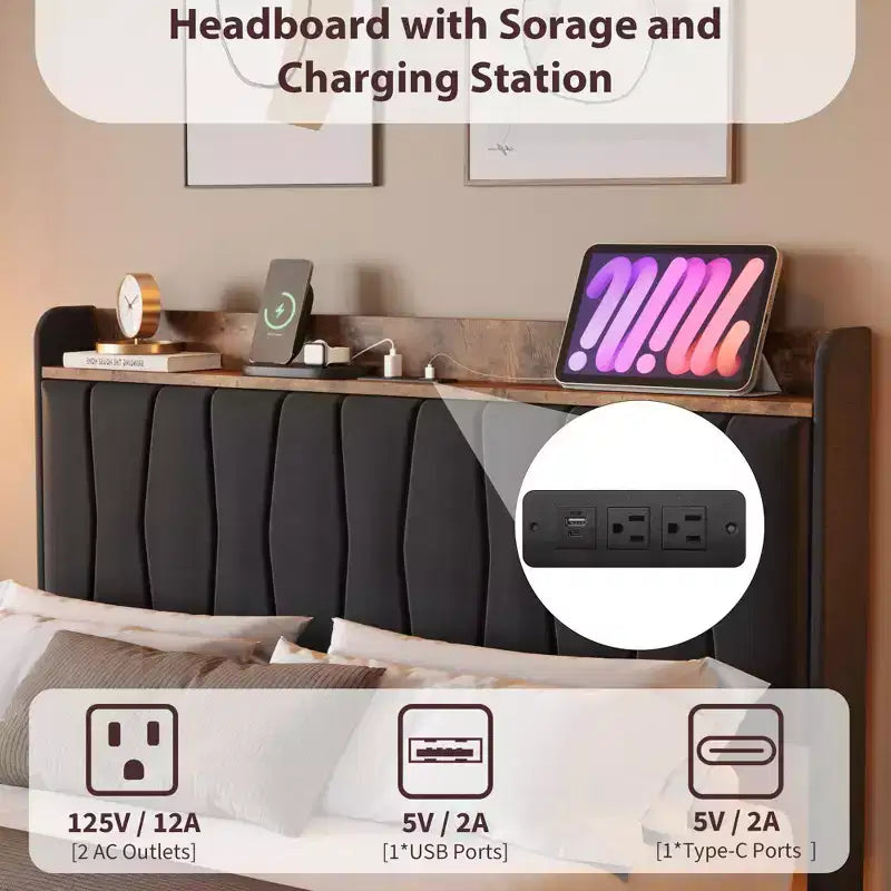 Letto a piattaforma imbottito con illuminazione a LED e stazione di ricarica USB