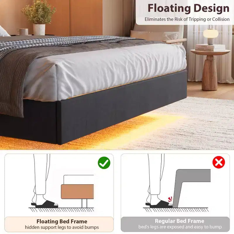 Letto a piattaforma imbottito con illuminazione a LED e stazione di ricarica USB