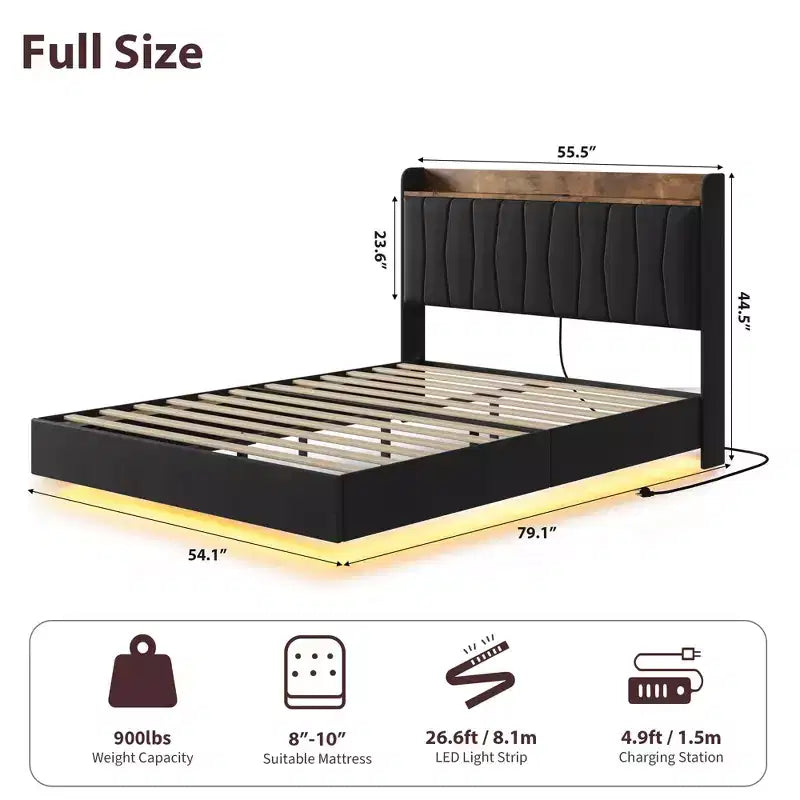 Letto a piattaforma imbottito con illuminazione a LED e stazione di ricarica USB