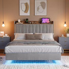 Letto a piattaforma imbottito con illuminazione a LED e stazione di ricarica USB
