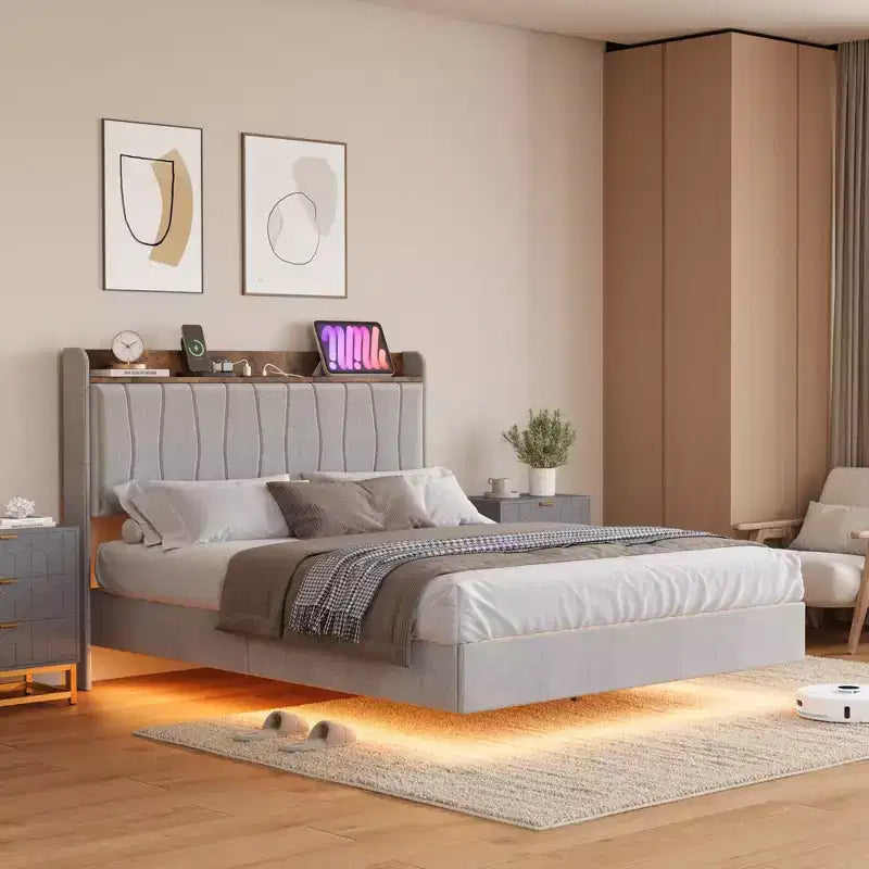 Letto a piattaforma imbottito con illuminazione a LED e stazione di ricarica USB