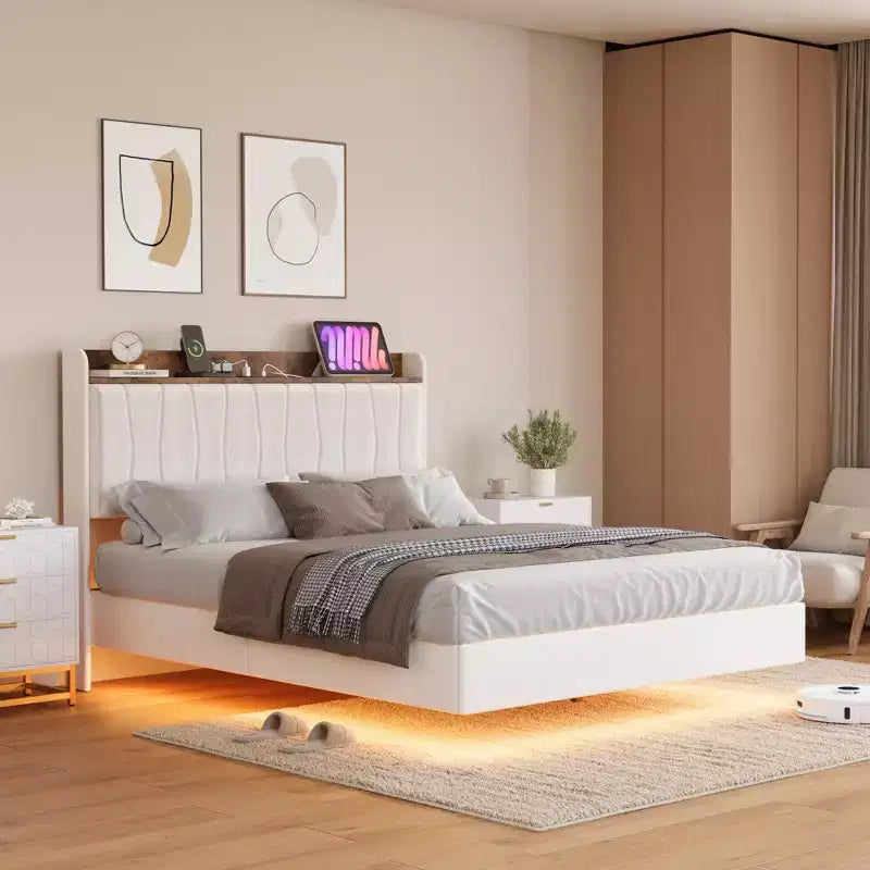 Letto a piattaforma imbottito con illuminazione a LED e stazione di ricarica USB