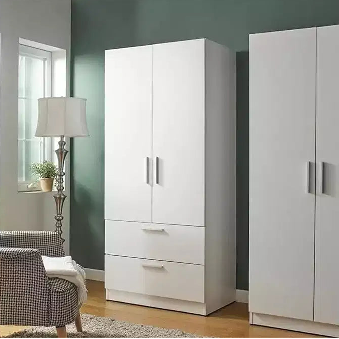Armadio in legno a due ante con cassetti e aste appendiabiti – Bianco