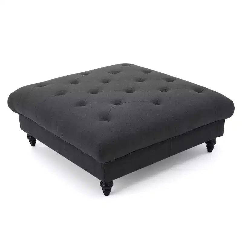 Pouf quadrato capitonné con cuciture a rombi e gambe in betulla
