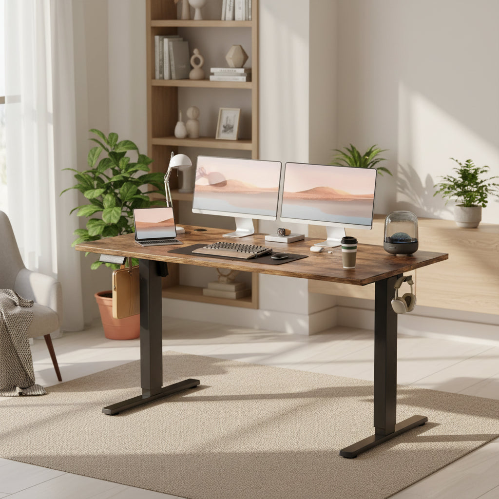Ergonomic Height Adjustable Electric Standing Desk with T-Shaped Metal Frame and Memory Presets Modern Computer Workstation55.10x23.60x 46.60-Brown