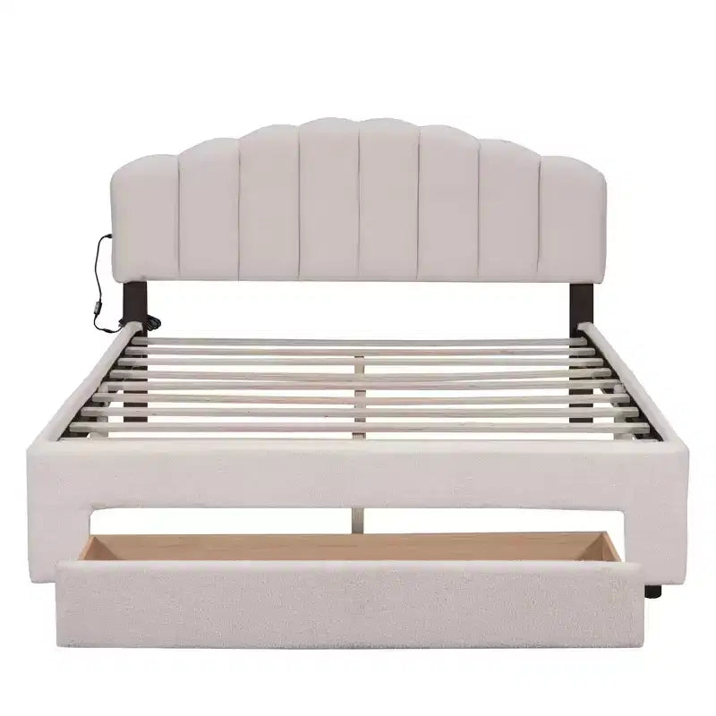 Letto a piattaforma Queen Size imbottito in pile Teddy con cassetto portaoggetti – Beige